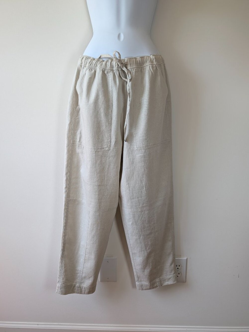 Zara Women's Tapered Linen Blend Pull On Pants Size L Sand Drawstring NWT
